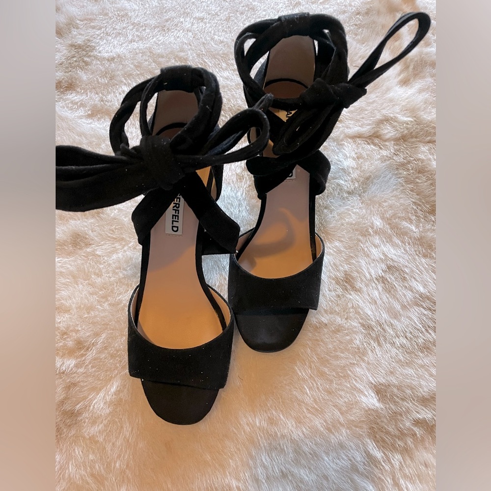 Karl Lagerfeld black suede ankle tie dress sandals.